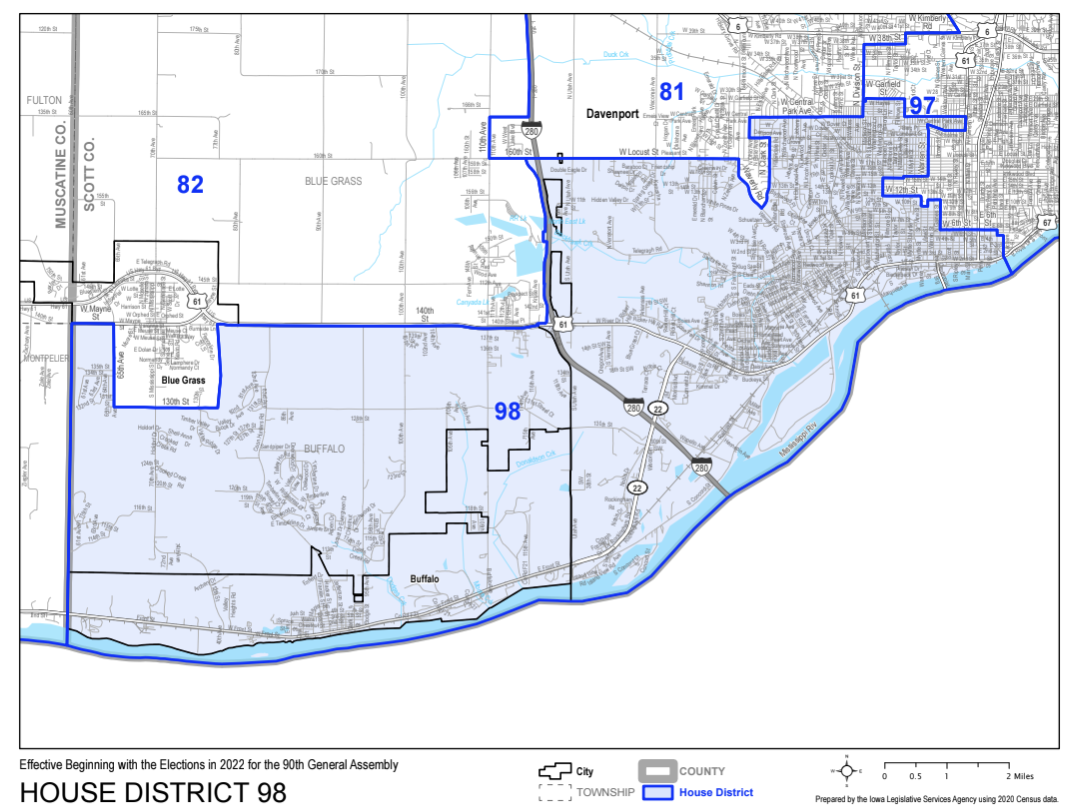House District 98 map showing Southwest Davenport and Buffalo Iowa boundaries